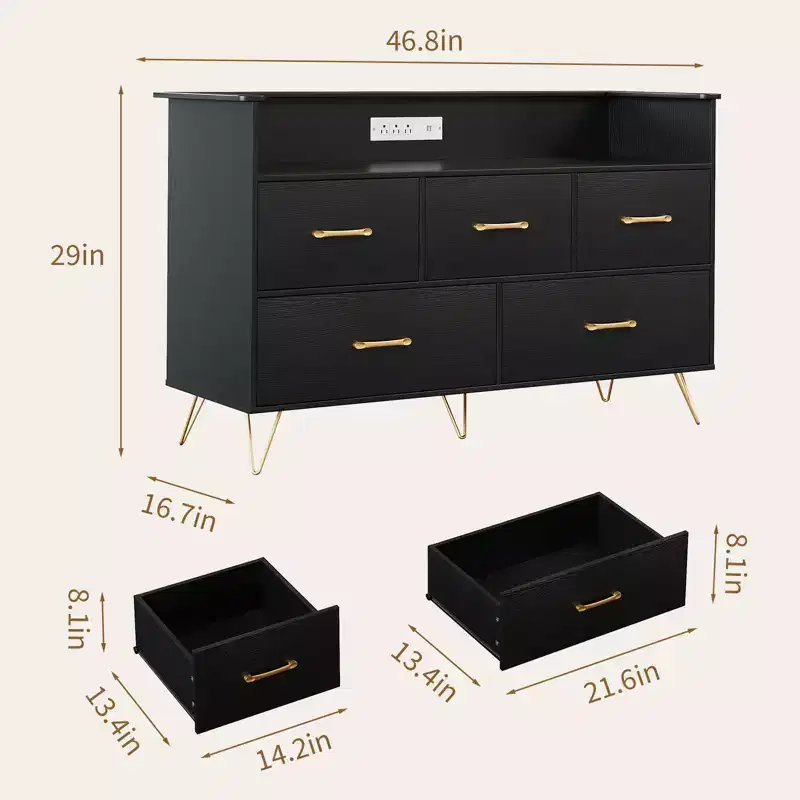 5-Drawer Wood Dresser with Display Shelf, Modern Storage Cabinet for Bedroom Living Room Entryway