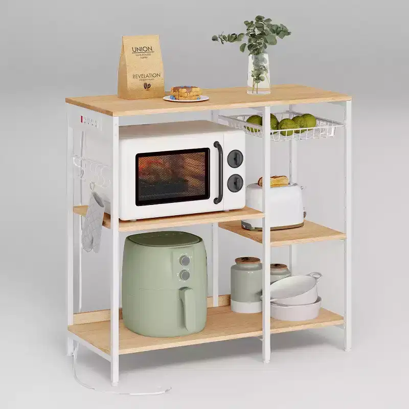Baker's Rack Coffee Bar Stand with Charging Station, Pull-Out Wire Basket & Adjustable Shelves, 400 lbs