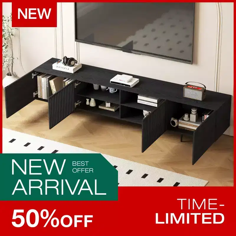 Luck Live 94.48 Black Modern TV Stand with Adjustable Shelves, Soft-Close Hinges & Cable Holes, Metal Legs for Home Living