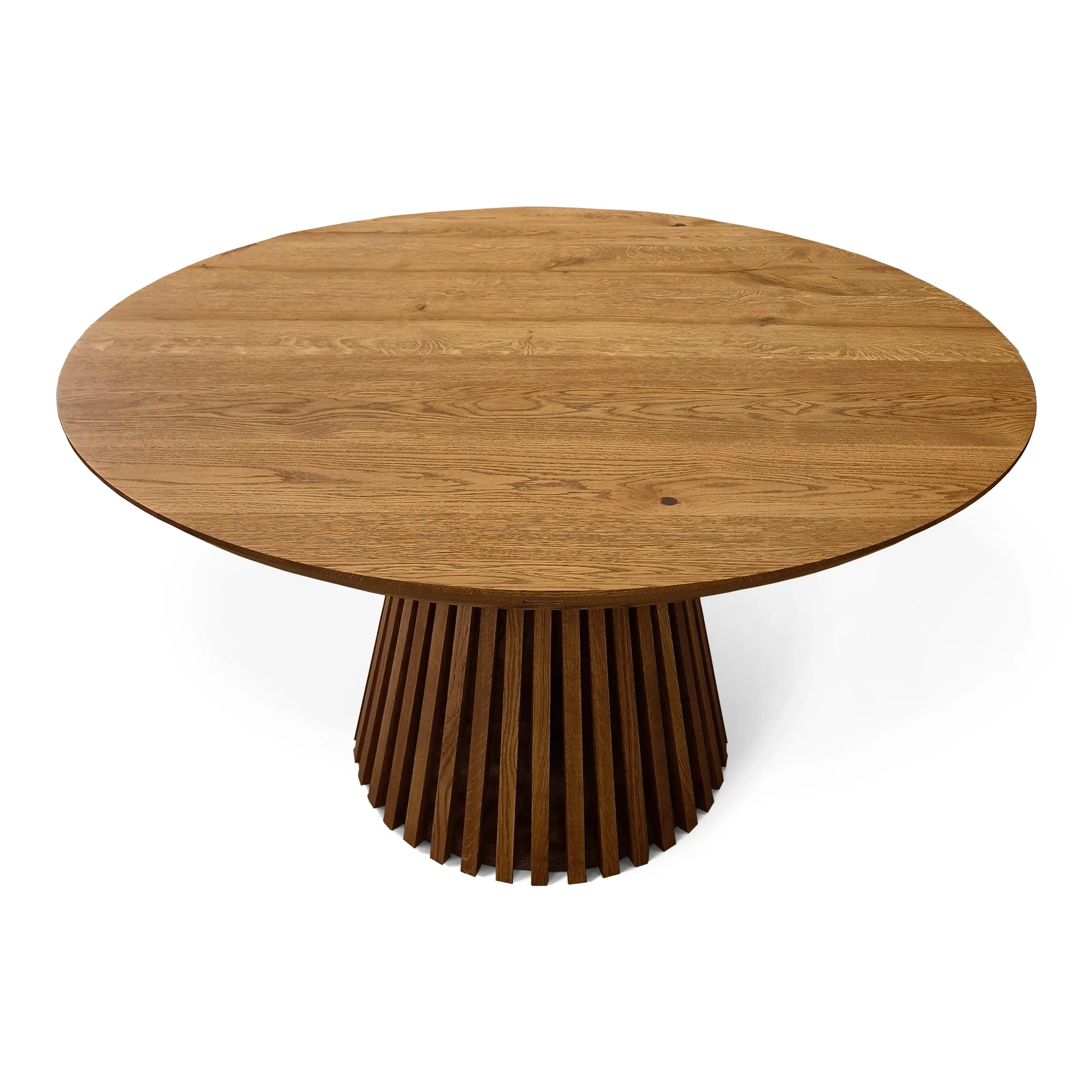 Round Dining Table in Darker Oak - Introducing our handcrafted round dining table in oak with pipe legs - a stunning addition to any home