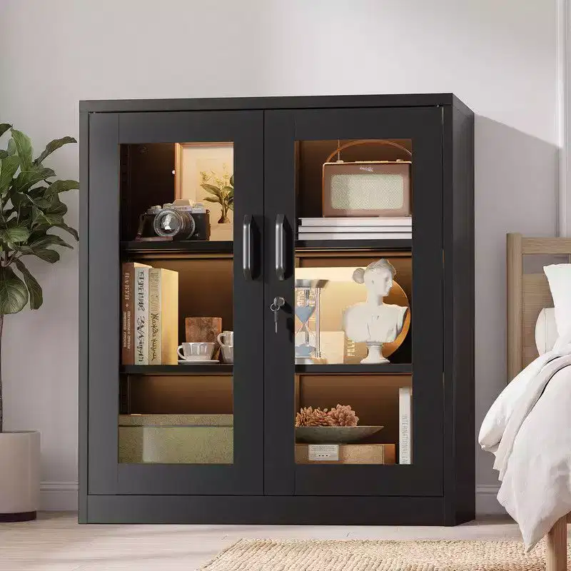 Steel Storage Cabinet, Black, 2-Door Glass with Pre-Drilled Holes