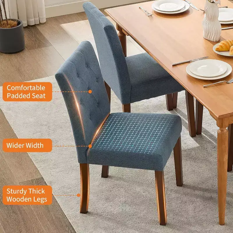 Button Tufted Parsons Dining Chairs Set of 2, Upholstered Fabric Kitchen Chairs with Padded Seats & Wood Legs, Living Room Kitchen Furniture