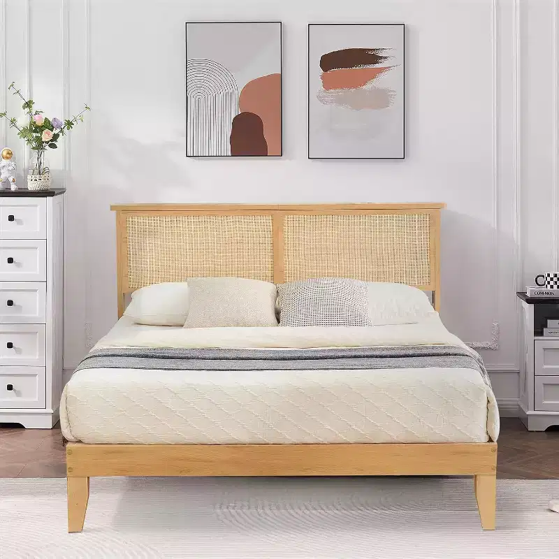 Acekool Twin Rattan Bed Frame, Boho Platform Bed with Natural Rattan Headboard & Underbed Storage, No Box Spring Needed