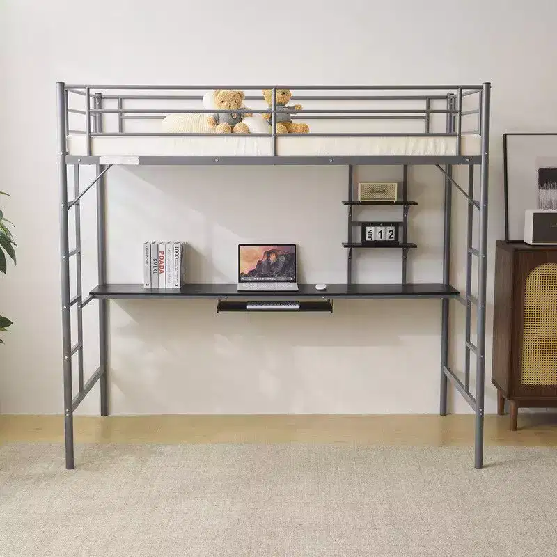 Twin Size Metal Loft Bed with Desk, Storage Shelves and 2 Built-In Ladders
