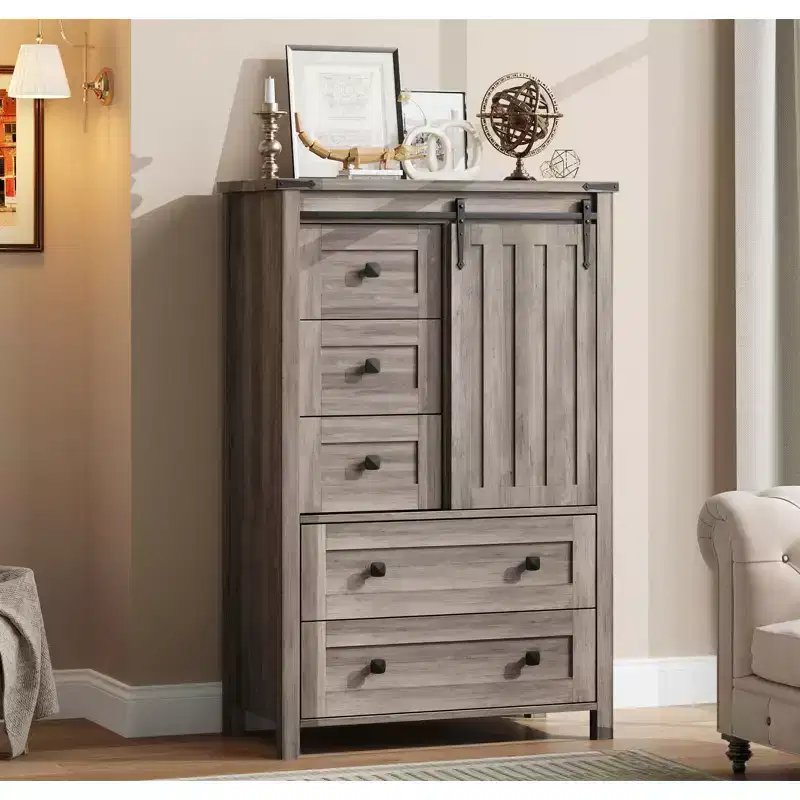 Farmhouse 5 Drawer Dresser for Bedroom, 48 Tall Wood Dresser Chest of Drawer with Sliding Barn Door, Adjustable Shelf, Storage Organizer