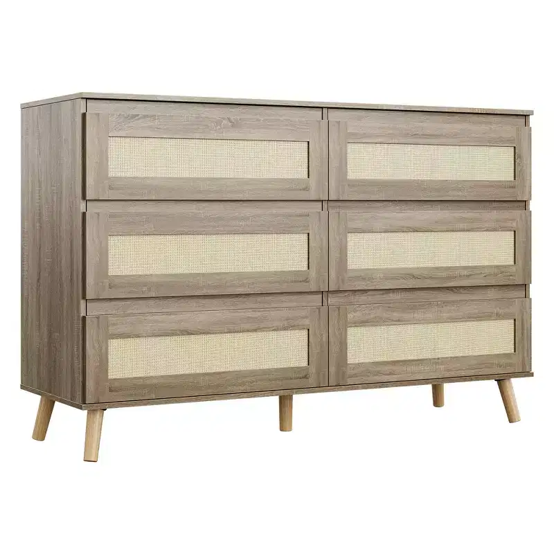 Bedroom Six-Drawer Chest, Modern Wide-Body Drawer Cabinet, Wooden Wardrobe Chest with Rattan-Woven Drawers, Suitable for 55-inch TV, Living Room