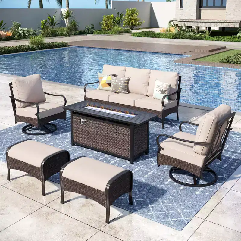 Captiva Designs 6pc Extra Large Metal and Rattan Outdoor Patio Fire Pit Set with Swivel Sofas and Ottomans