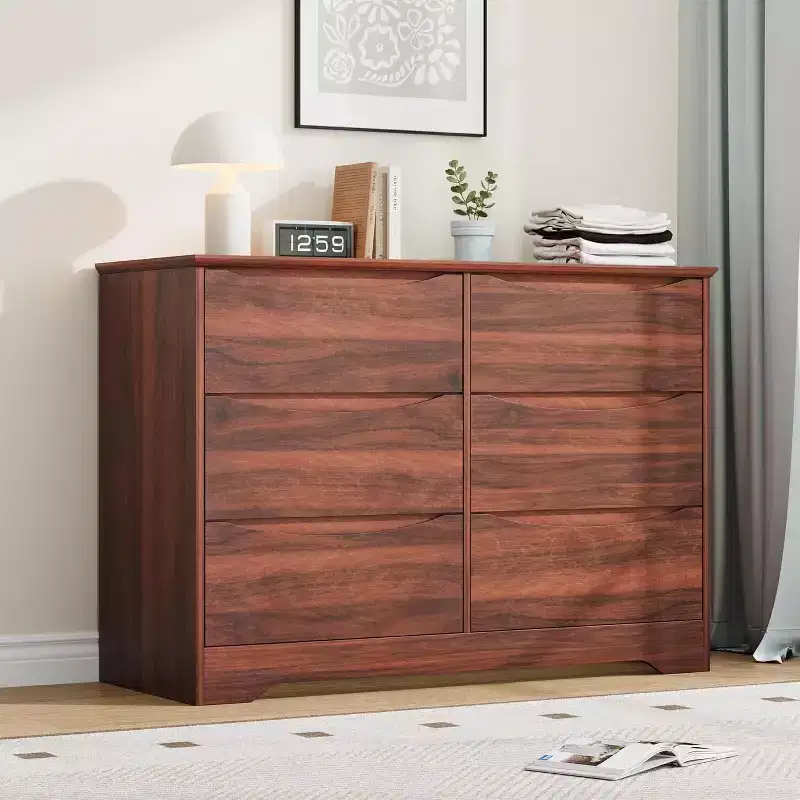 Modern Wooden Storage Dresser with 6 Drawers for Bedroom, Living Room, Hallway, Brown