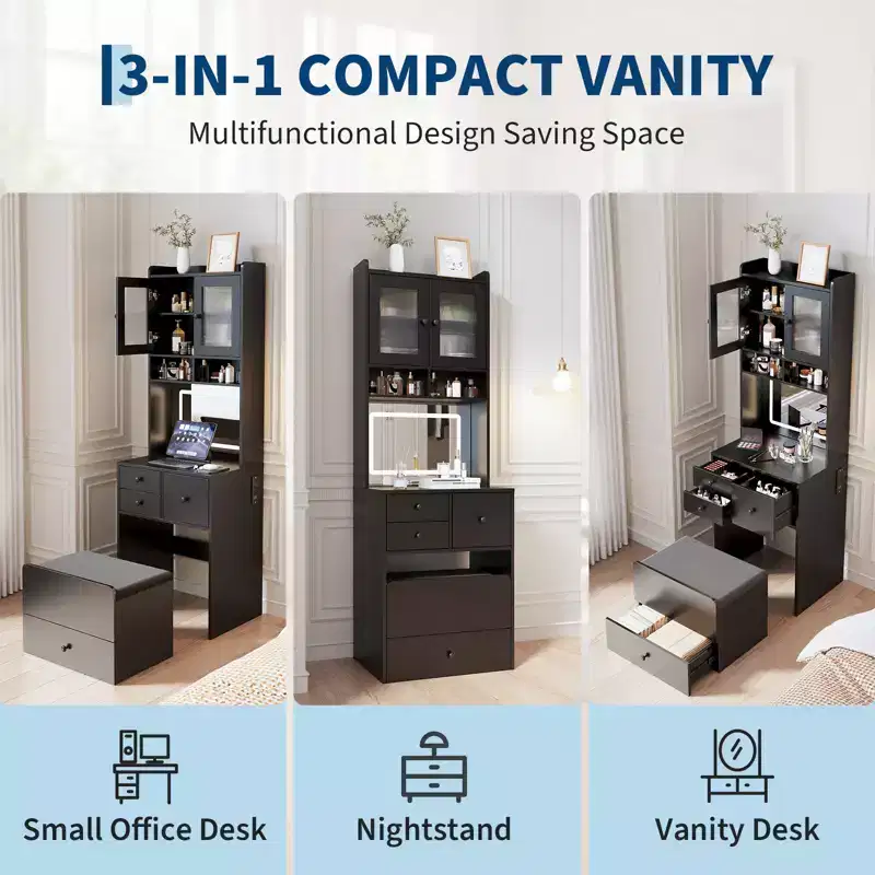 3 in 1 Vanity Desk with LED Light, Tall Makeup Vanity Set with 2 AC Outlets & USB-C, Dressing Table with Storage Drawers & Acrylic Doors
