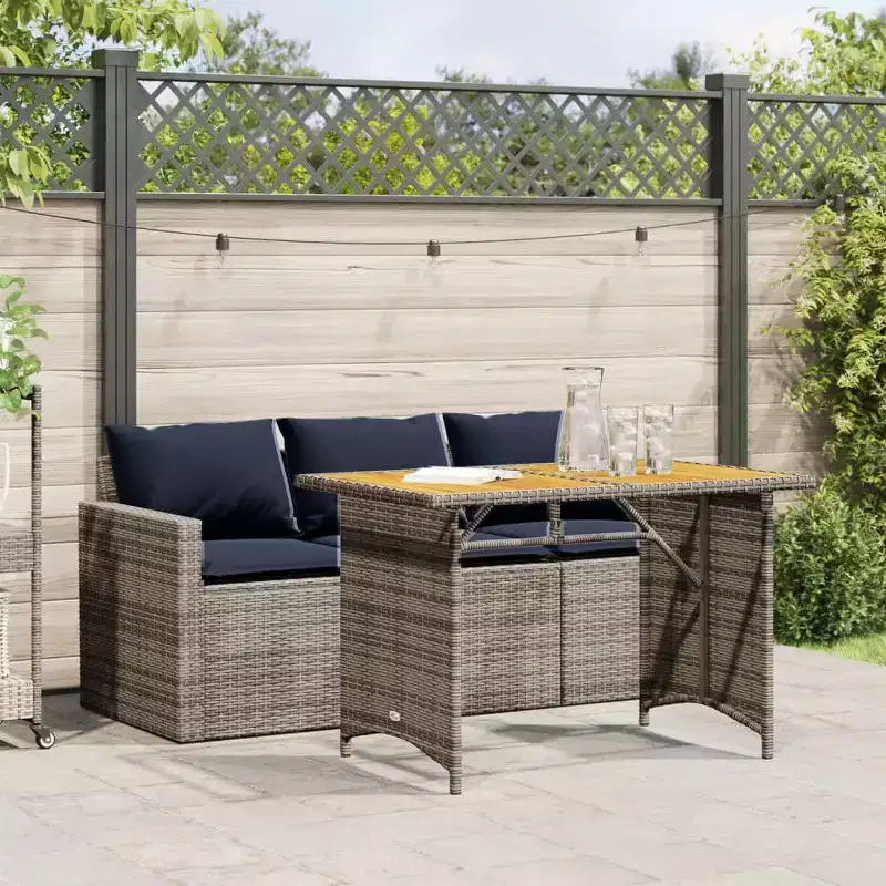 vidaXL Outdoor Patio Dining Set 2 Piece Poly Rattan Furniture w/Cushions  3-Seater Sofa & Acacia Wood Table - Gray/Navy Blue