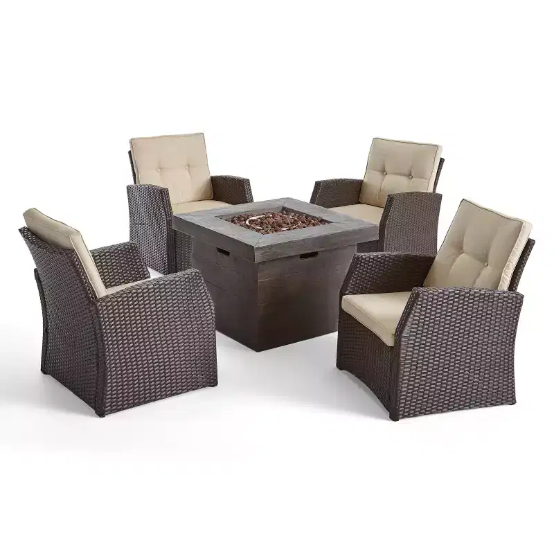 Christopher Knight Home Mawbey Outdoor Wicker 5 Piece Club Chair and Fire Pit Set with Cushions