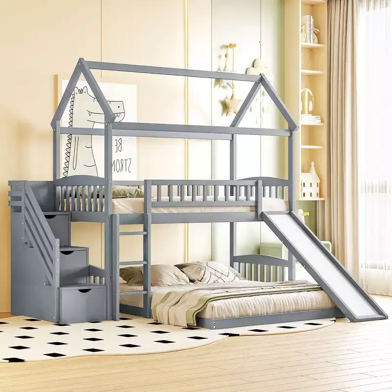 Twin Over Full Bunk Bed with Slide and Playhouse Design