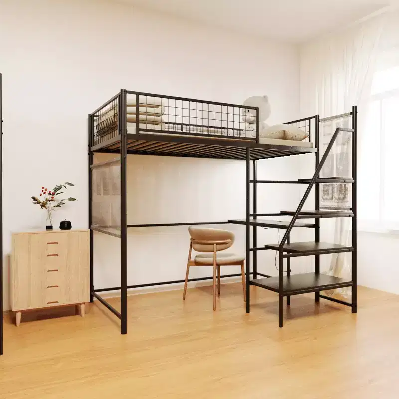 GDFStudio Holden Metal Loft Bed with Desk, Built-in Charging Station and LED Lighting