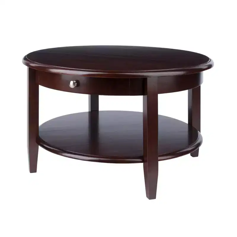 Round Coffee Table with Drawer and Shelf - Antique Walnut
