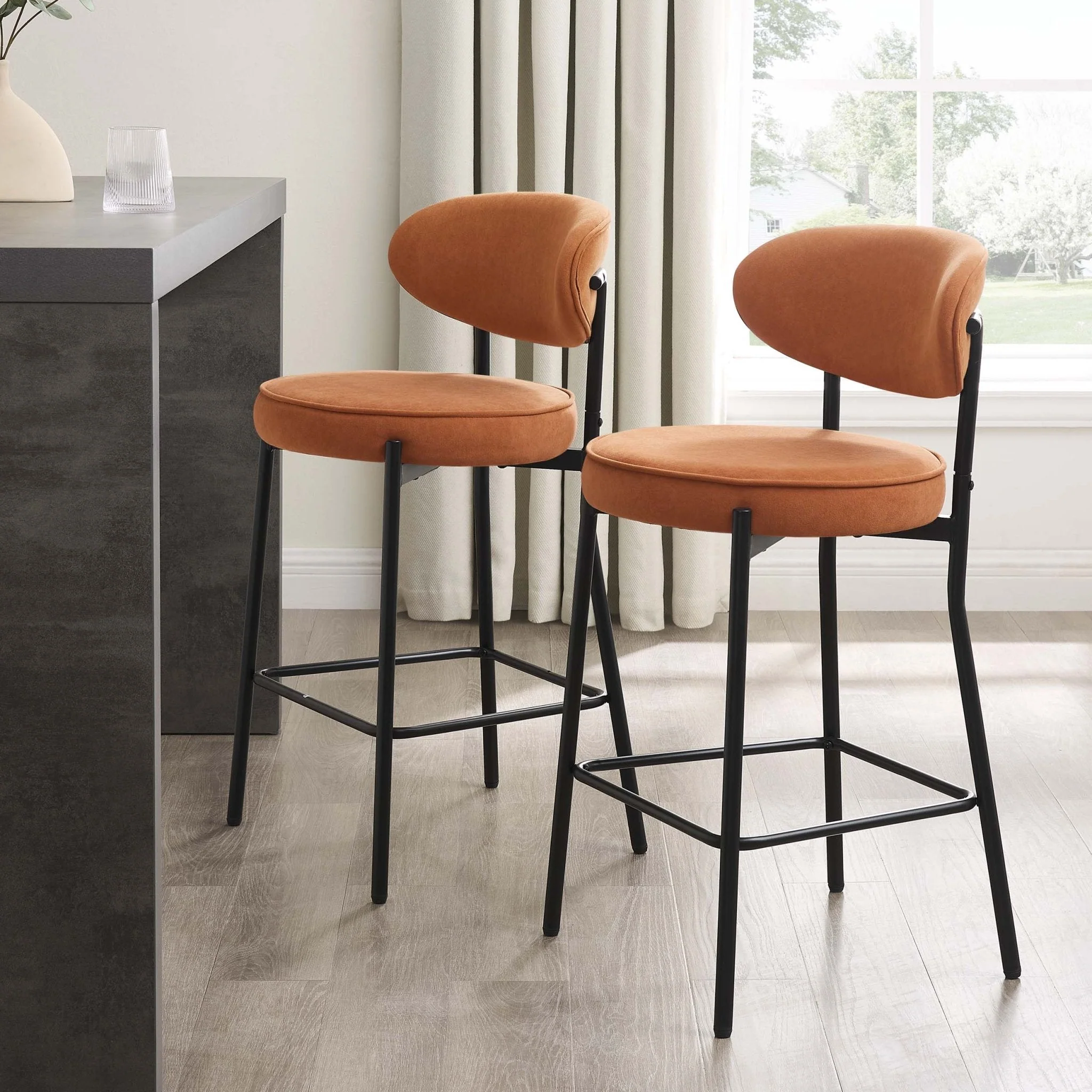 Retro Burnt Orange Matte Velvet Barstool with Rounded Back for Kitchen
