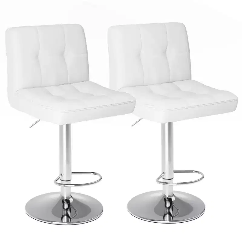 HomeRoots Set of Two White and Silver Faux Leather and Aluminum Adjustable Height Swivel Bar Chairs