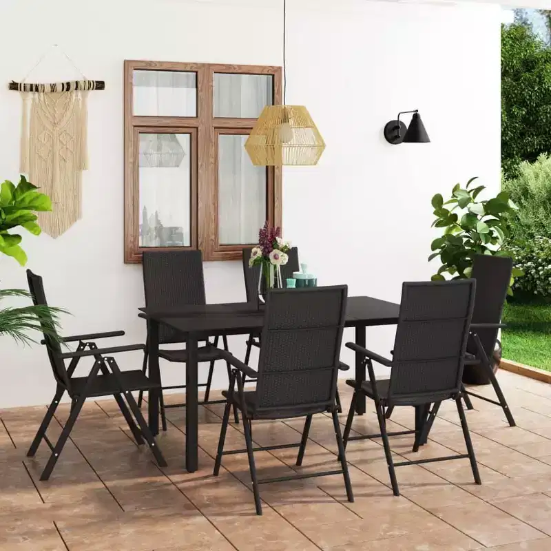 vidaXL Dining Set Black PE rattan, glass, aluminum Standard Foldable