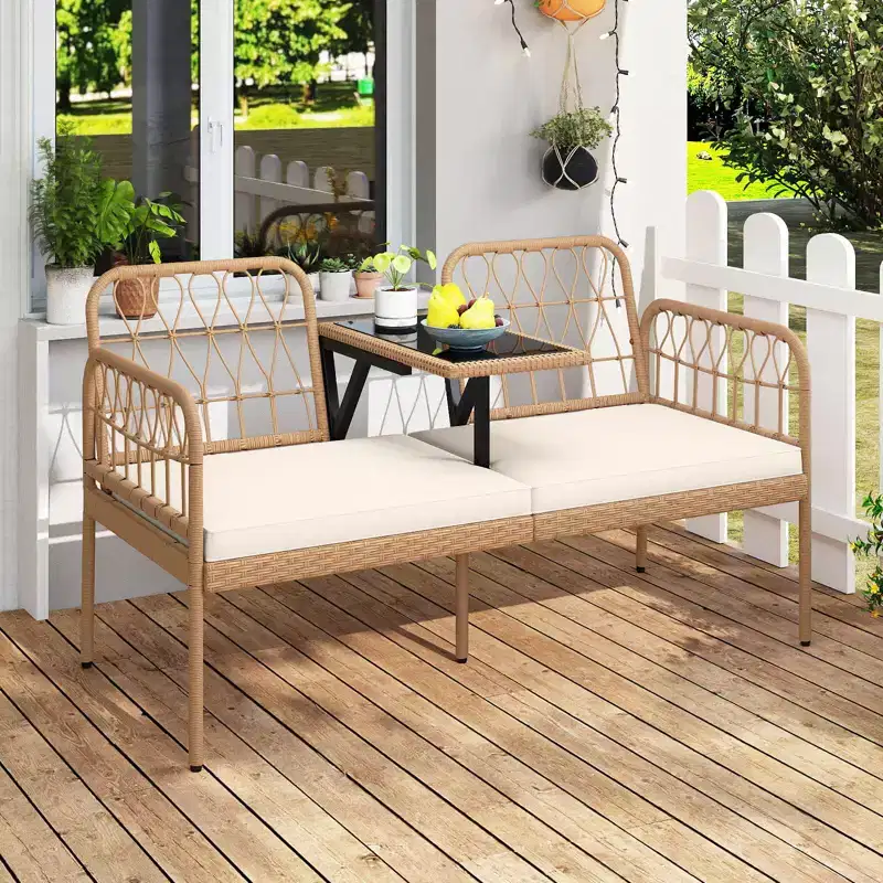 Costway PE Rattan Outdoor Loveseat with Built-in Coffee Table & Soft Cushions for Lawn