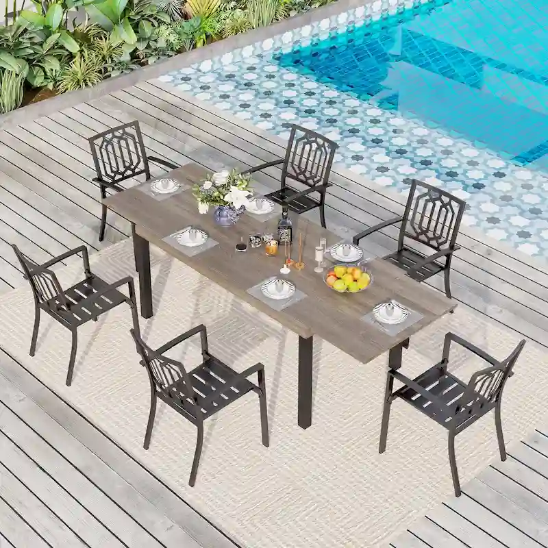MAISON ARTS 7/9-Pieces Patio Dining Set with Metal Rectangle Expandable Table and Metal Stackable Chairs