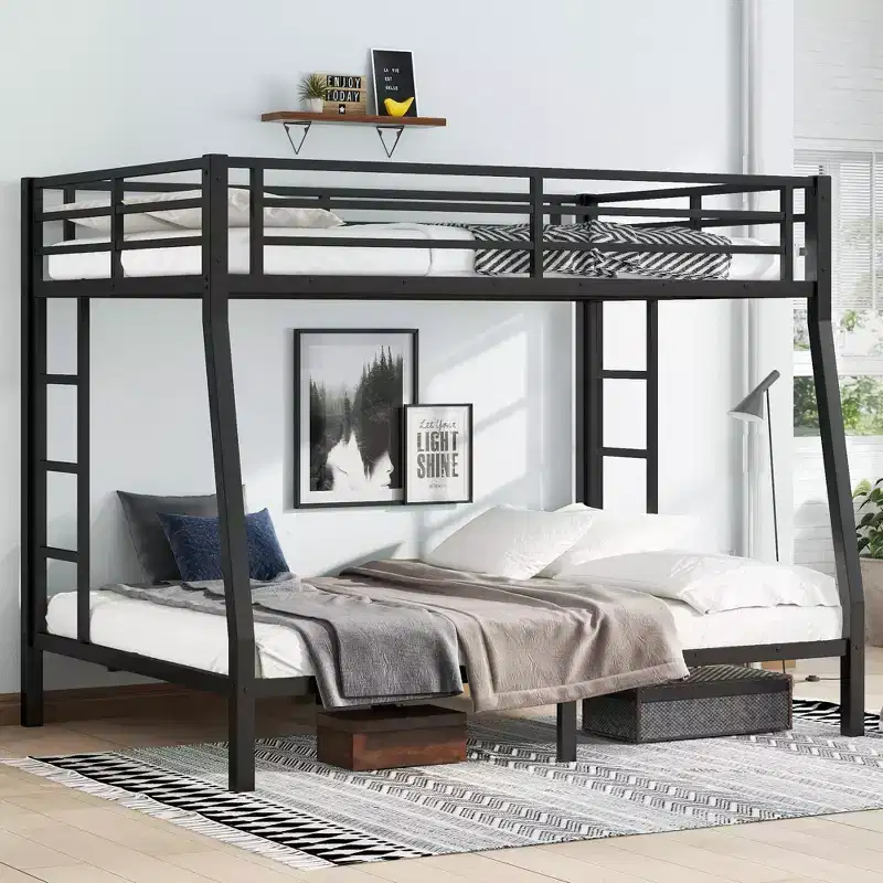 Full XL over Queen Metal Bunk Bed with Dual Ladders and Under-Bed Storage
