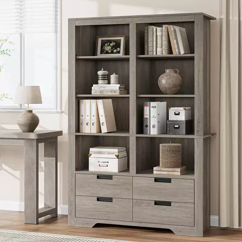 72 Tall Farmhouse Bookshelf with 4 Drawers, 6-Tier Double Wide Storage Bookcase, Freestanding Large Open Shelf for Books and Decor