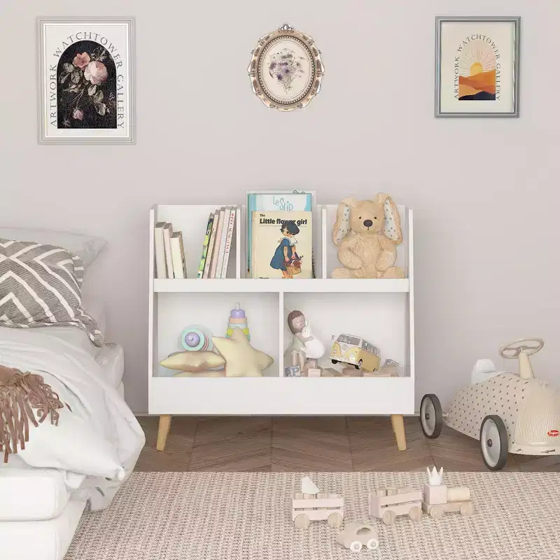 Wood 2-Tier Kids Bookshelf with 5 Cubbies 31.5