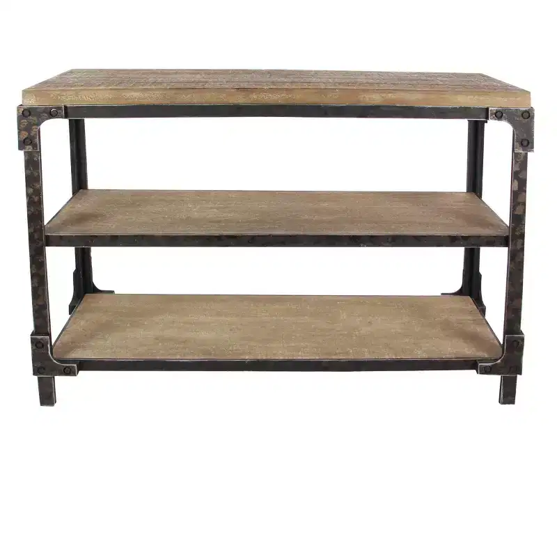 Rustic 3-Tier Industrial Console Table – Solid Wood & Metal, Brown
