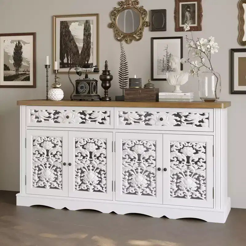 White Decorative Sideboard with Hollow Relief Patterned Doors, 2 Drawers & 4 Doors, 62.8