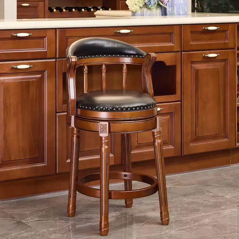 Cow Top Leather Wooden Bar Stools, 360 Degree Swivel Bar Chair with Backs