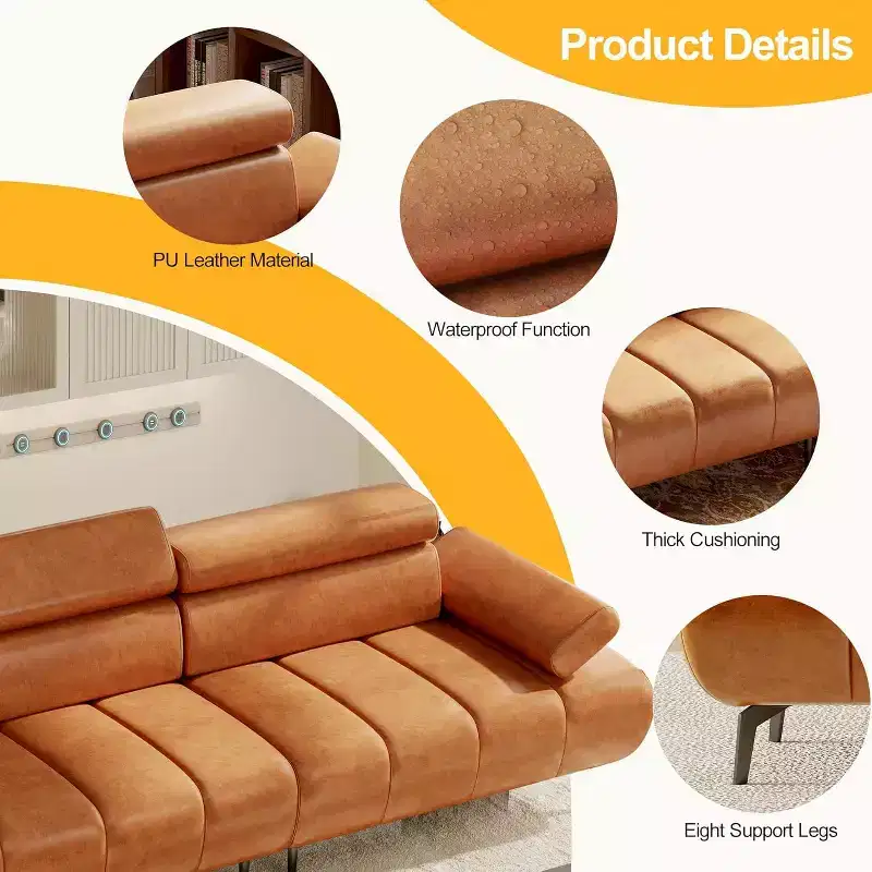 3-Seater Faux Leather Futon Sofa Bed, Convertible Sleeper Couch with Adjustable Backrests Armrests Headrests, with Split Two Separate Sectional Sofas