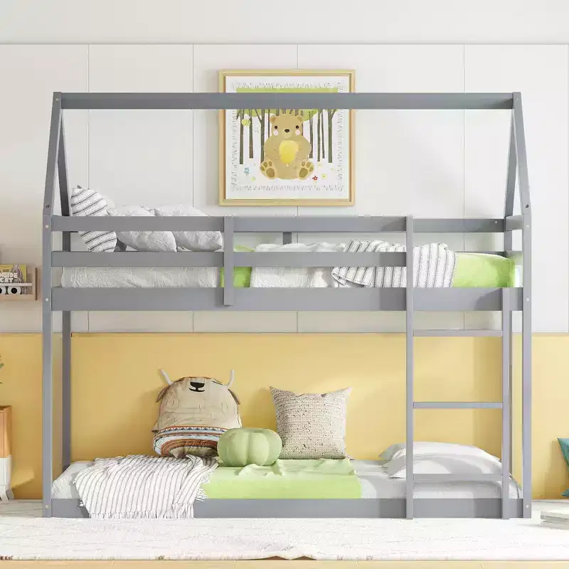 Twin Rubber Wood Floor Bunk Bed with Ladder, Guardrails, House Shaped Bunk Bed White