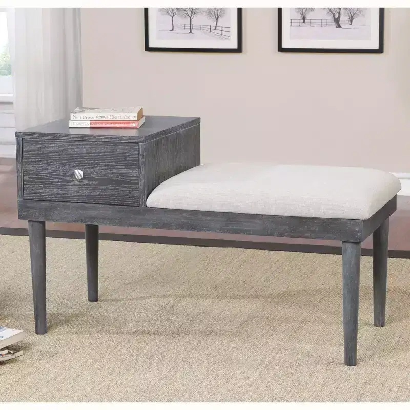 HOMES: Inside + Out Mid Century Modern Storage Bench Weathered Gray: Upholstered, Padded Seat, Wood Legs