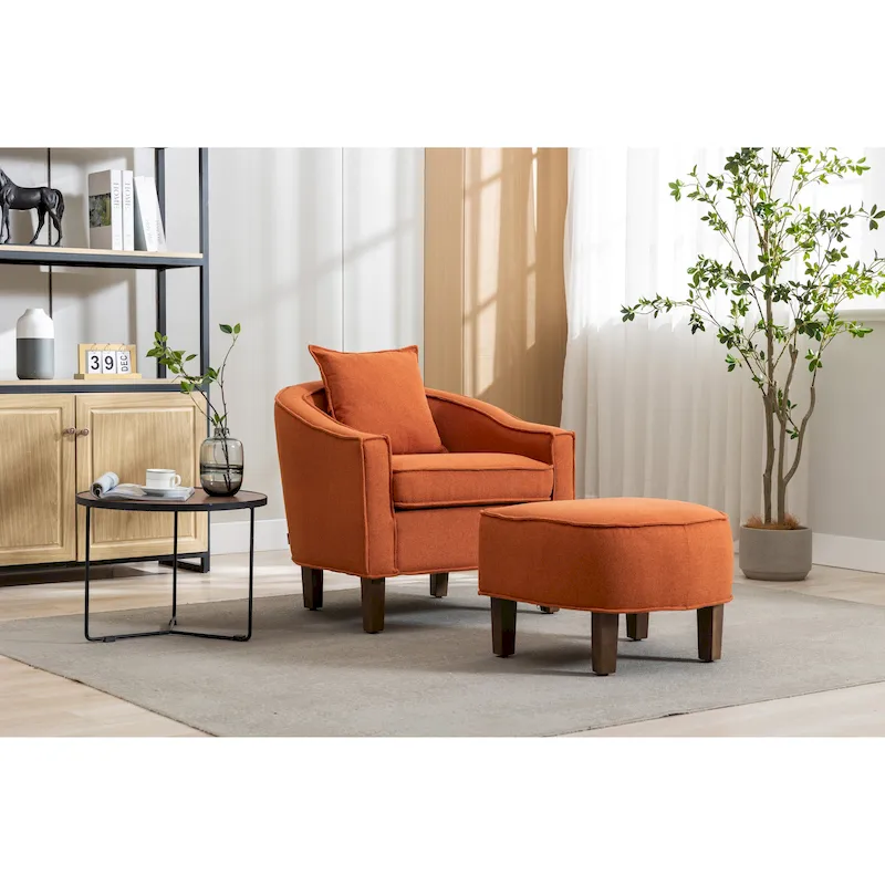 Mid-Century Upholstered Barrel Accent Round Arm Chair with Ottoman