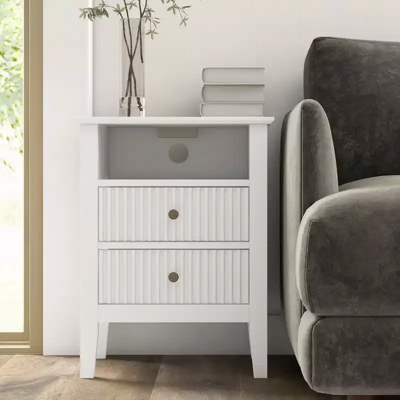 Fluted Nightstand with Charging Station, 2 Drawers & Storage Shelf