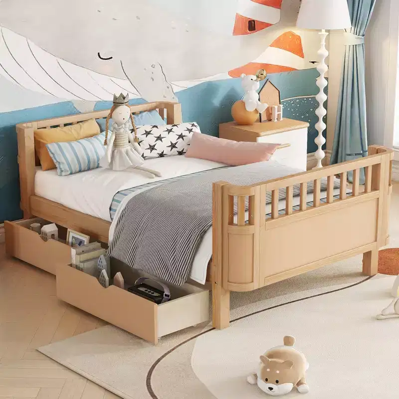 Twin/Full Size Wood Platform Bed for Kids, Low Profile with Safety Rails & Storage Drawers, Solid Pine & MDF, Bedroom