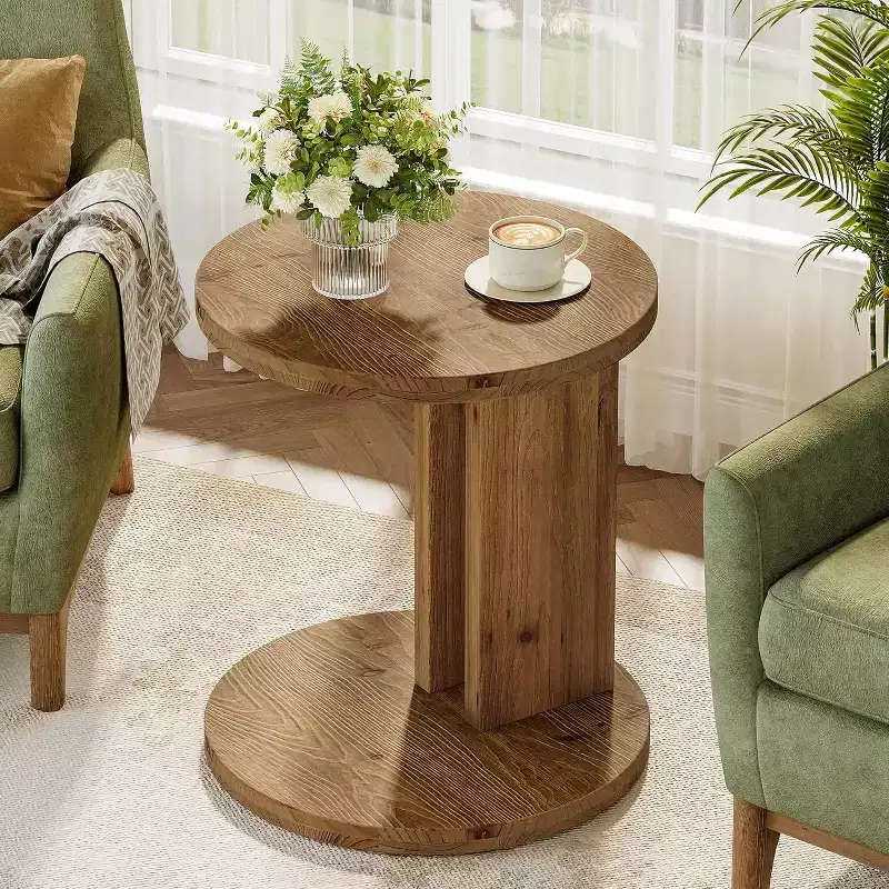 C-Shaped Solid Wood Round End Table Farmhouse Accent Side Table Brown Easy Assembly