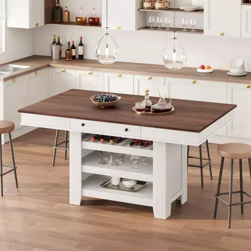 60-Inch Kitchen Island with Storage, Farmhouse 4-Tier Stationary Island Table with Large Countertop for Kitchen, Dining Room, Living Room