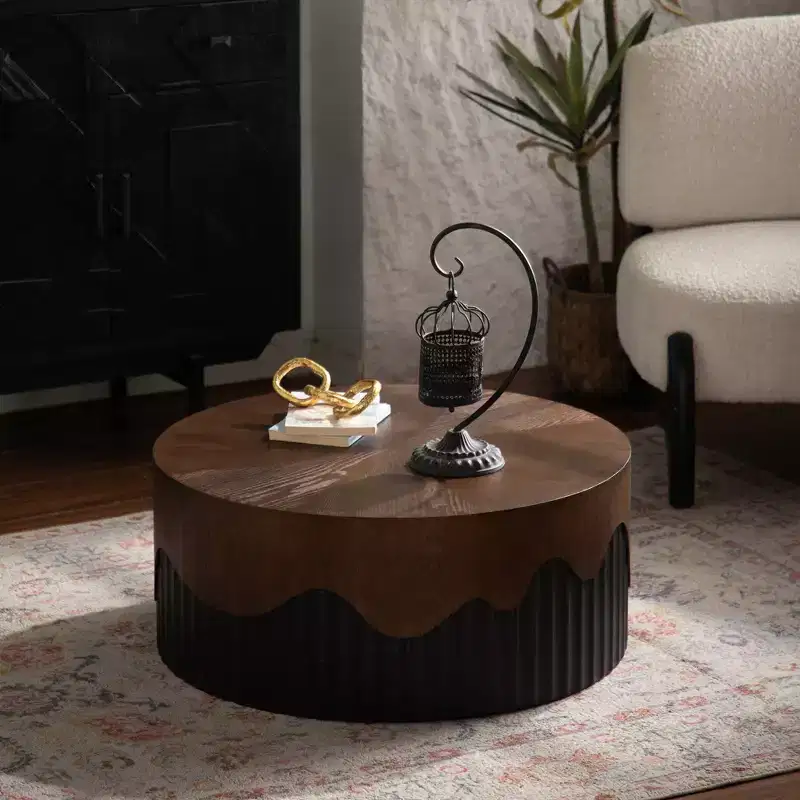 30.31 inch Round Coffee Table with Real Bark Texture Veneer and Walnut Finish