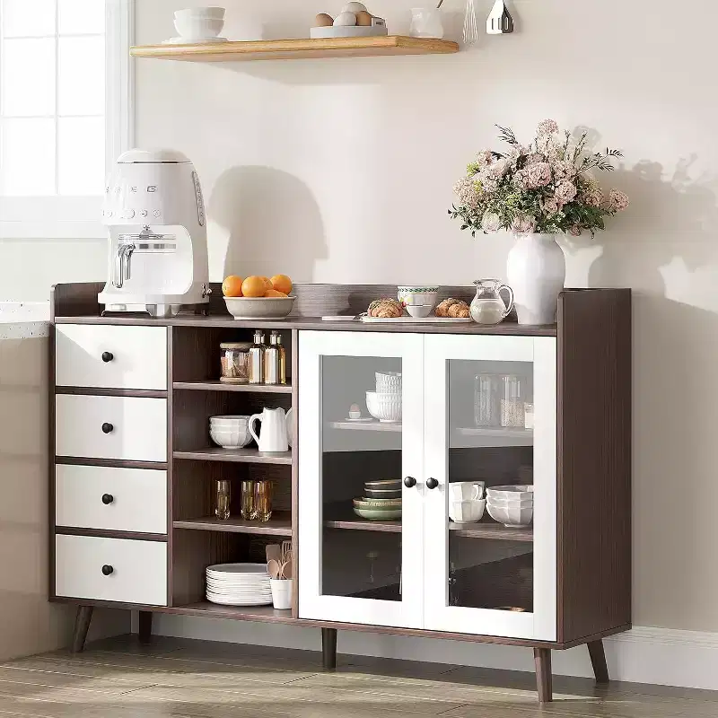 Farmhouse Buffet Cabinet - 2 Glass Door Storage Sideboard with Adjustable Shelves for Dining Room