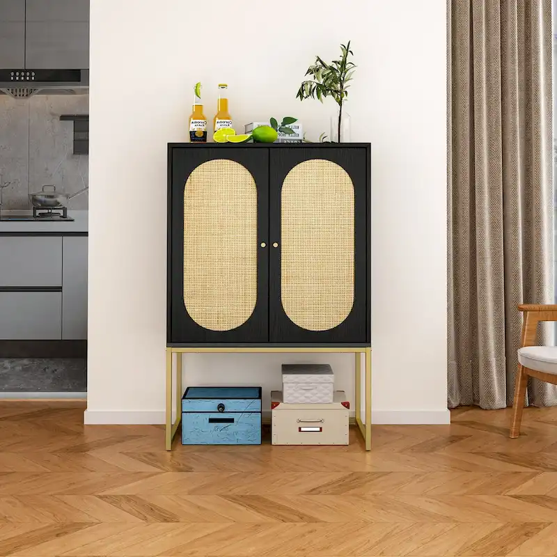 2 Door High Cabinet,Natural Rattan 2 Door high cabinet,Built-in adjustable shelf,Free Standing Cabinet