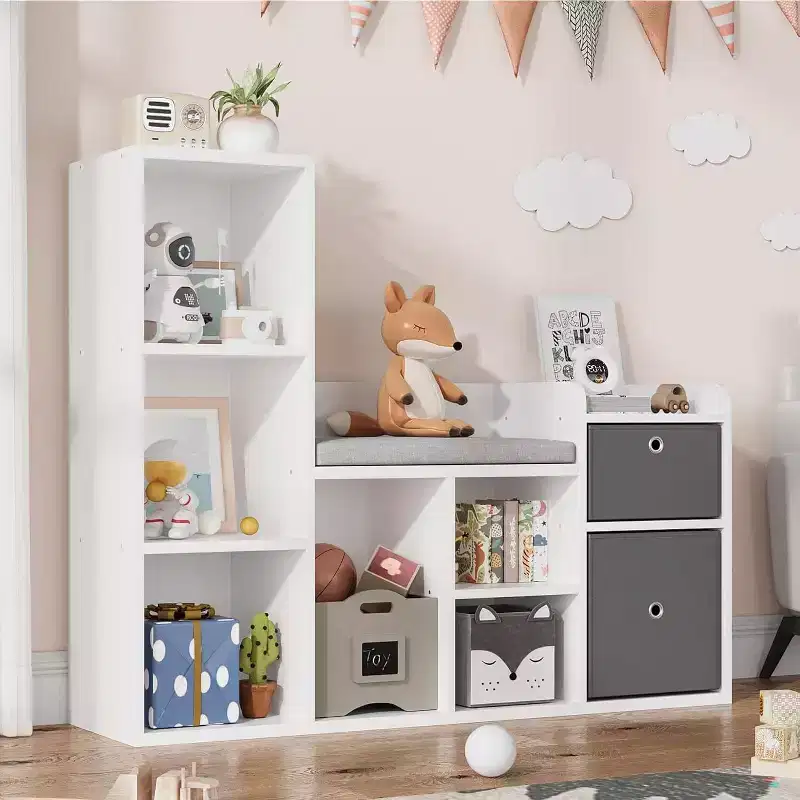 Kids Bookcase with Reading Nook, 44-Inch Toy Storage Bench with Cushion, 6 Cubby Shelves and 2 Fabric Drawers for Playroom or Bedroom