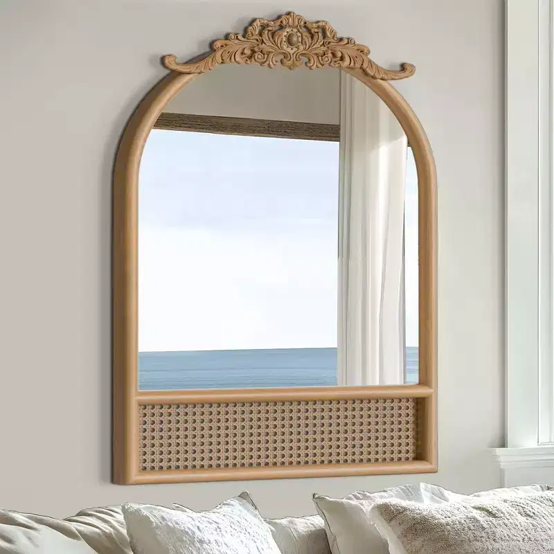 PexFix Classic Carved Arch Wood Frame with Rattan Bottom Wall Mirror