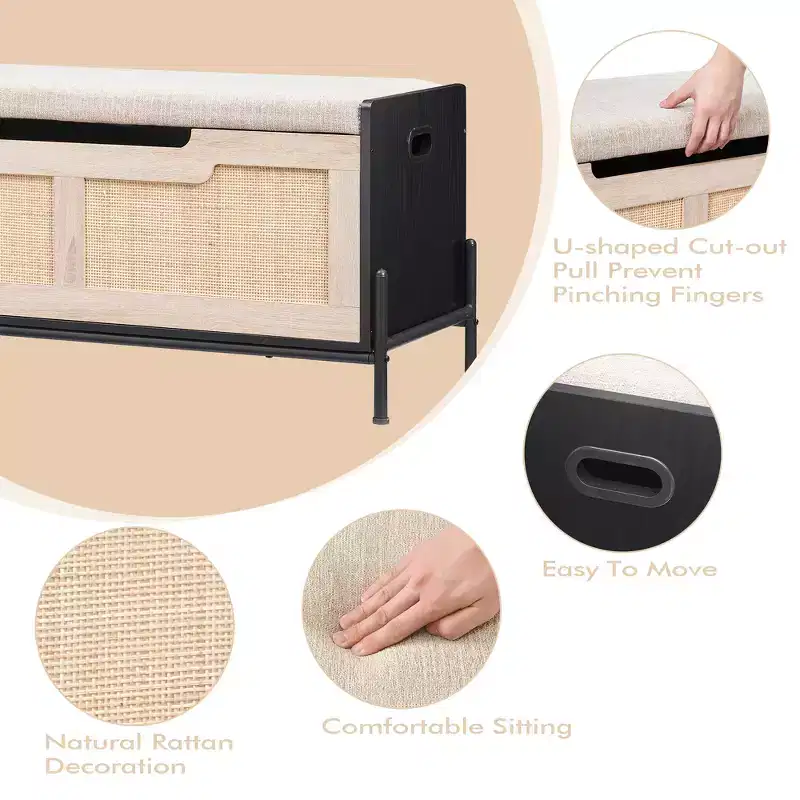 Rattan Storage Bench with Cushion, Toy Box w/2 Safety Hinges, 39.4 Toy Chest for Bedroom, Storage Bench with Storage, Shoe Bench, for Living Room