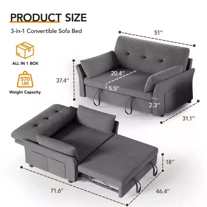 51 Inch 3-in-1 Pull-Out Sleeper Sofa Bed, Convertible Loveseat with Reclining Adjustable Backrest, Chenille Upholstered Couch, Side Pocket