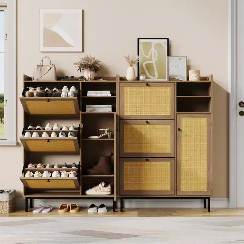 Freestanding Rattan Shoe Cabinet with 3 Flip Drawers & 5 Shelves,Shoe Storage Organizer for Entryway or Hall