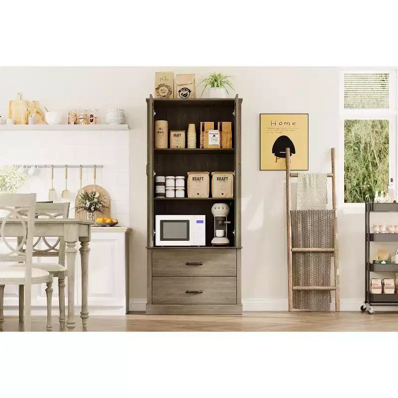 Barn Doors, Drawer, and 2 Adjustable Shelves, Kitchen Pantry Storage Cabinet Freestanding Tall Hutch for Kitchen, Dining Room
