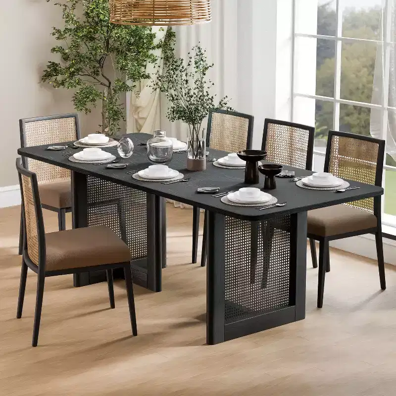 79 x 33.5 Farmhouse Kitchen Dining Room Table Furniture Square Black Kitchen Table with Rattan Woven Legs for Kitchen Bar Living Room