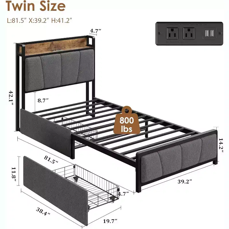 Upholstered Bed Frame with 2 Storage Drawers, Power Outlet, Queen Bed Platform with Storage Headboard, Noise Free, No Box Spring Needed