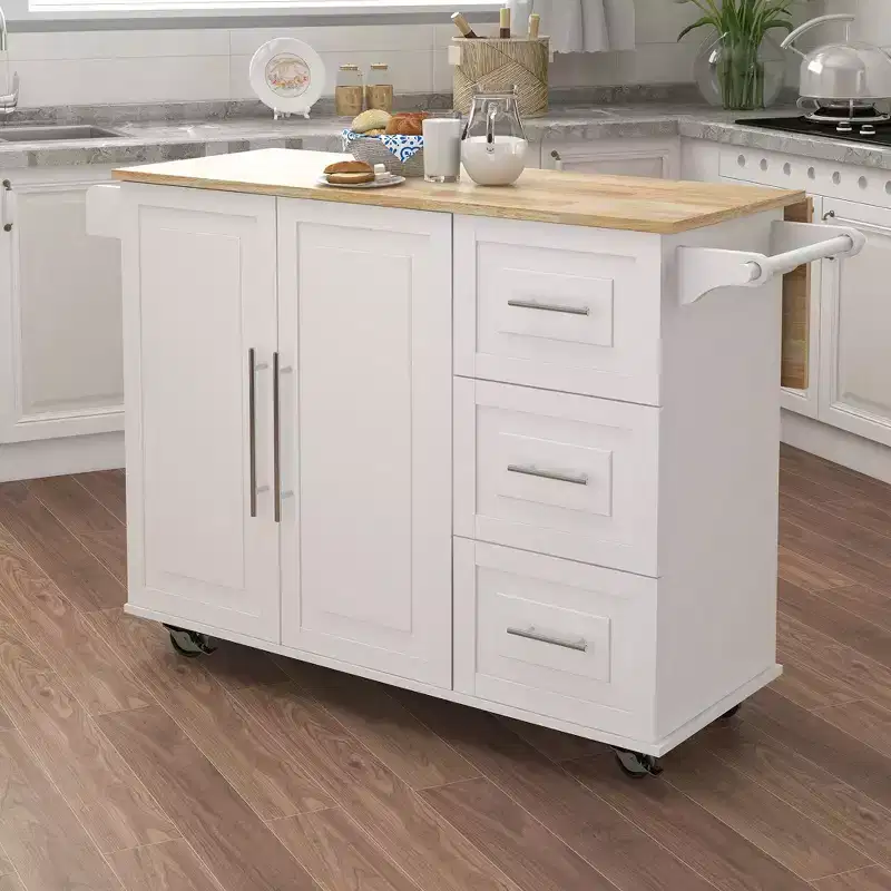 Modern Kitchen Island with Extensible Wooden Table Top, Kitchen Cart with Spice Rack and Towel Rack for Kitchen, Dining Room, White