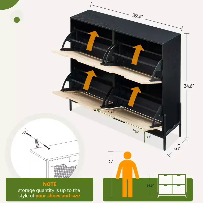 Four-door shoe cabinet with three adjustable shelves, ideal for high heels, boots, and stylish entrywaysa perfect hallway storage solution.